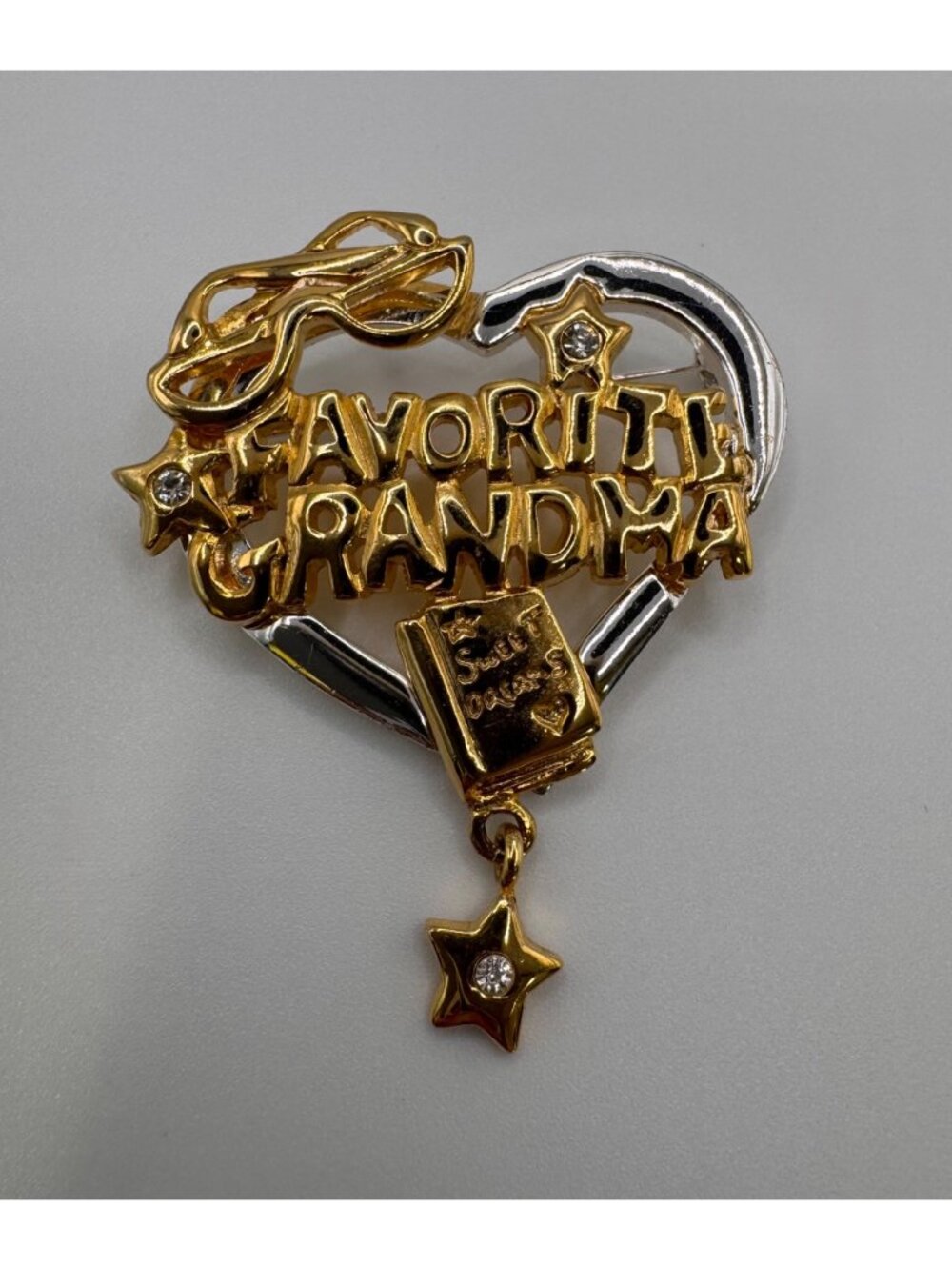 Favorite Grandma Brooch Gold Tone Glasses Book Stars Dangle Pin